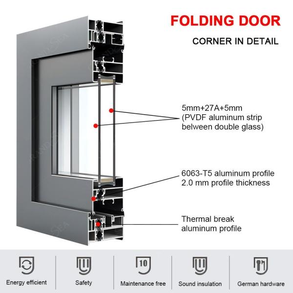 Grandsea Waterproof Hurricane Proof Aluminium Alloy Patio Glass Bi Folding Door American Bifolding Aluminum Folding Door