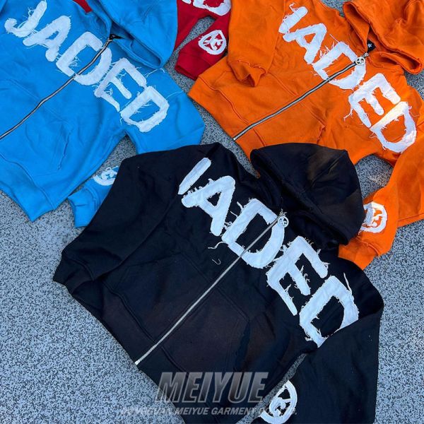 Embroidery logotipo lavado con ácido con capucha ropa callejera angustiada con capucha negra anti arrugas