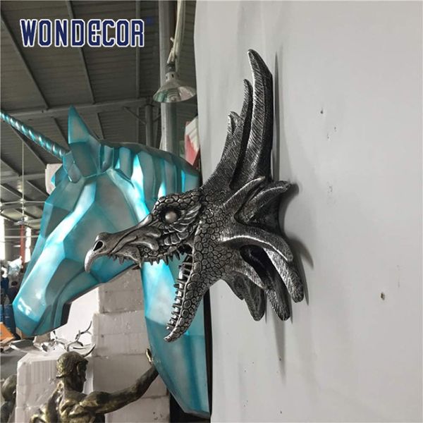 Глава свирепого дракона 3D из нержавеющей стали Современная скульптура Декорация на стенах