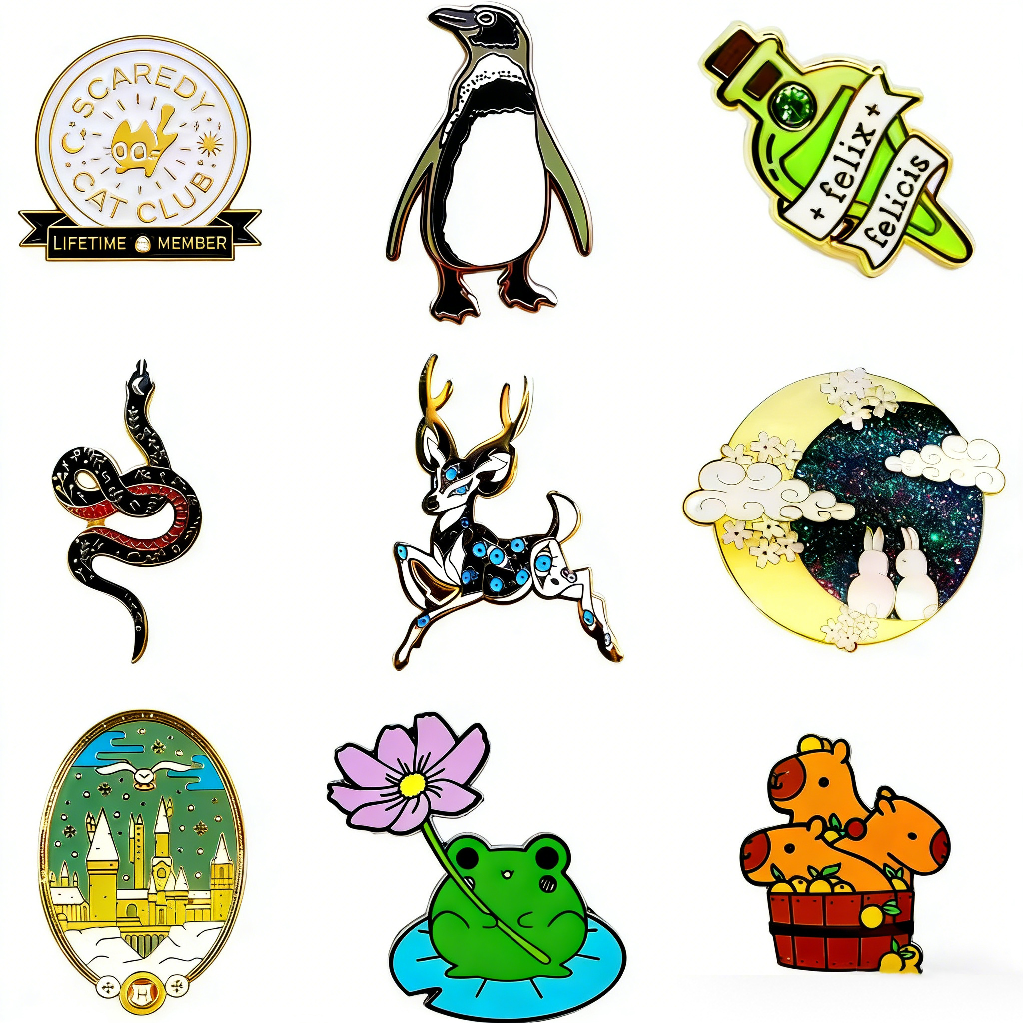 Custom gold metal lapel pins with soft/hard enamel from China wholesale for hats and clothes.