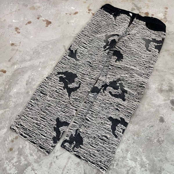 Hip Hop High Quality Cut Raw Edge Stacked Sweat Denim Jeans Pants Men Manufacturer Custom Distressed Baggy Sweatpants Jeans