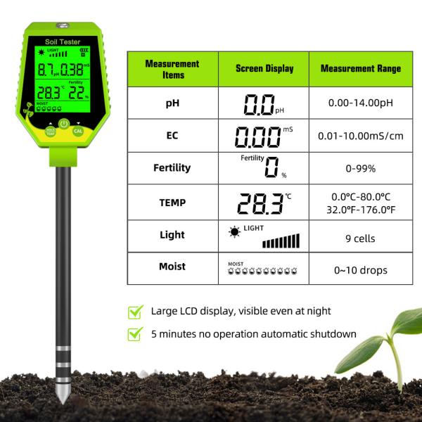 6 - In - 1 Soil Tester Kit Moisture/pH/Fertility/Sunlight/EC/Temp Meter For Garden Farm Indoor Plants