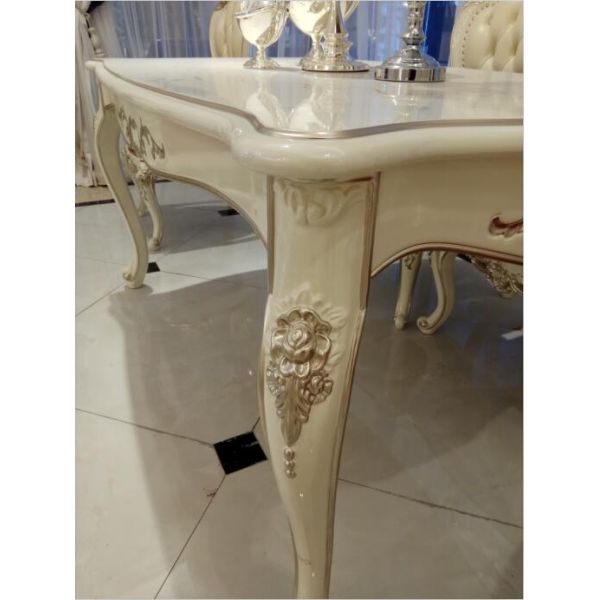 Six Seat Classic French Furniture White Dining Table Rose Carve Pattern Crooked Legs