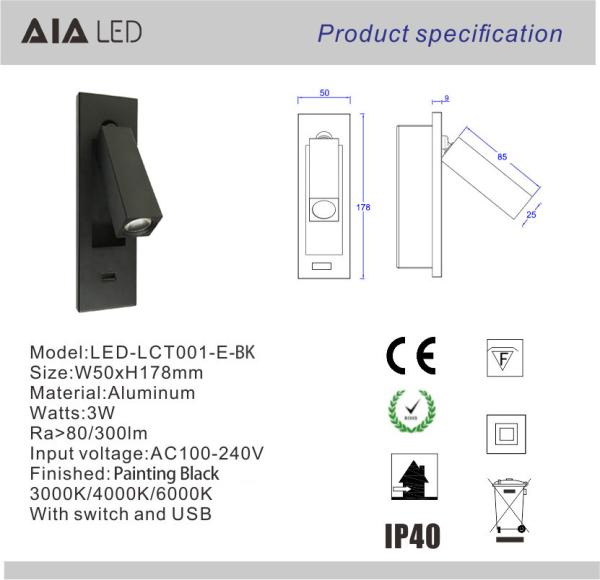 Hotel flat 2.1A 5V USB reading light flexible bedside wall lamp hotel bed headboard study bed wall light bedroom