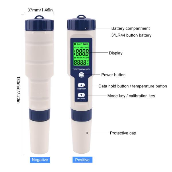 5 - In - 1 Water Quality Tester PH/TDS/EC/Salinity/Temp Meter For Home Aquarium Lab