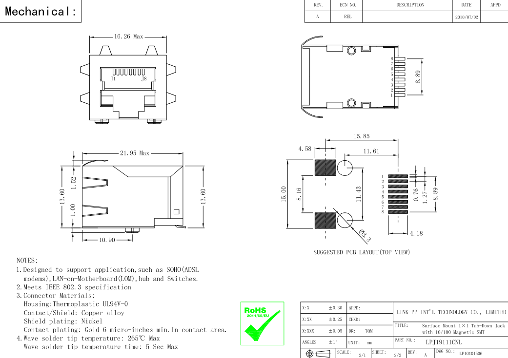 Разъем J0C-0006NL10/100Base-TX SMT RJ45 интегрировал Magnetics LPJ19111CNL
