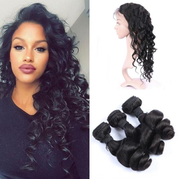 360 Lace Closure Peruvian Human Hair Weave With Bundles Peruvian Loose Wave Virgin Hair Natural Color