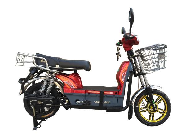 450W Adult Electric Bicycle Red Battery Operated Bikes With Motorcyle Seat Steel Frame
