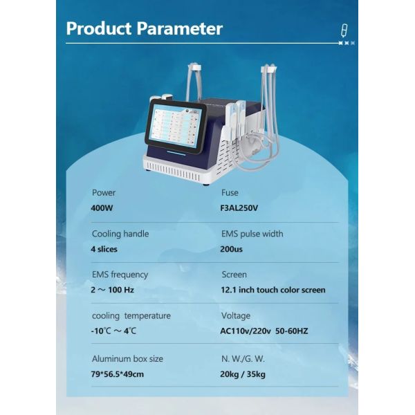 Portable 2 in 1 Fat Freezing EMS Cool Device with 4 Handles for Cellulite Reduction and Minus 10 Degree for Beauty Salon Use