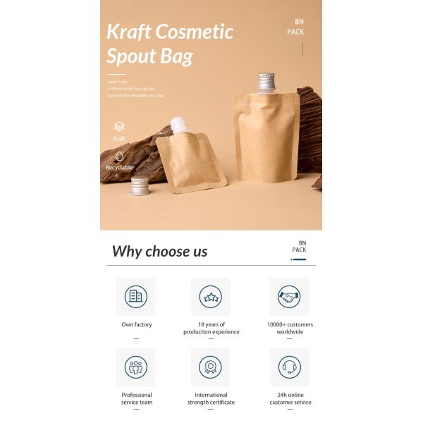 Custom Biodegradable Stand Up Bag Recyclable Liquid Laundry Cosmetic Shampoo Refill Packaging Kraft Paper Spout Pouch