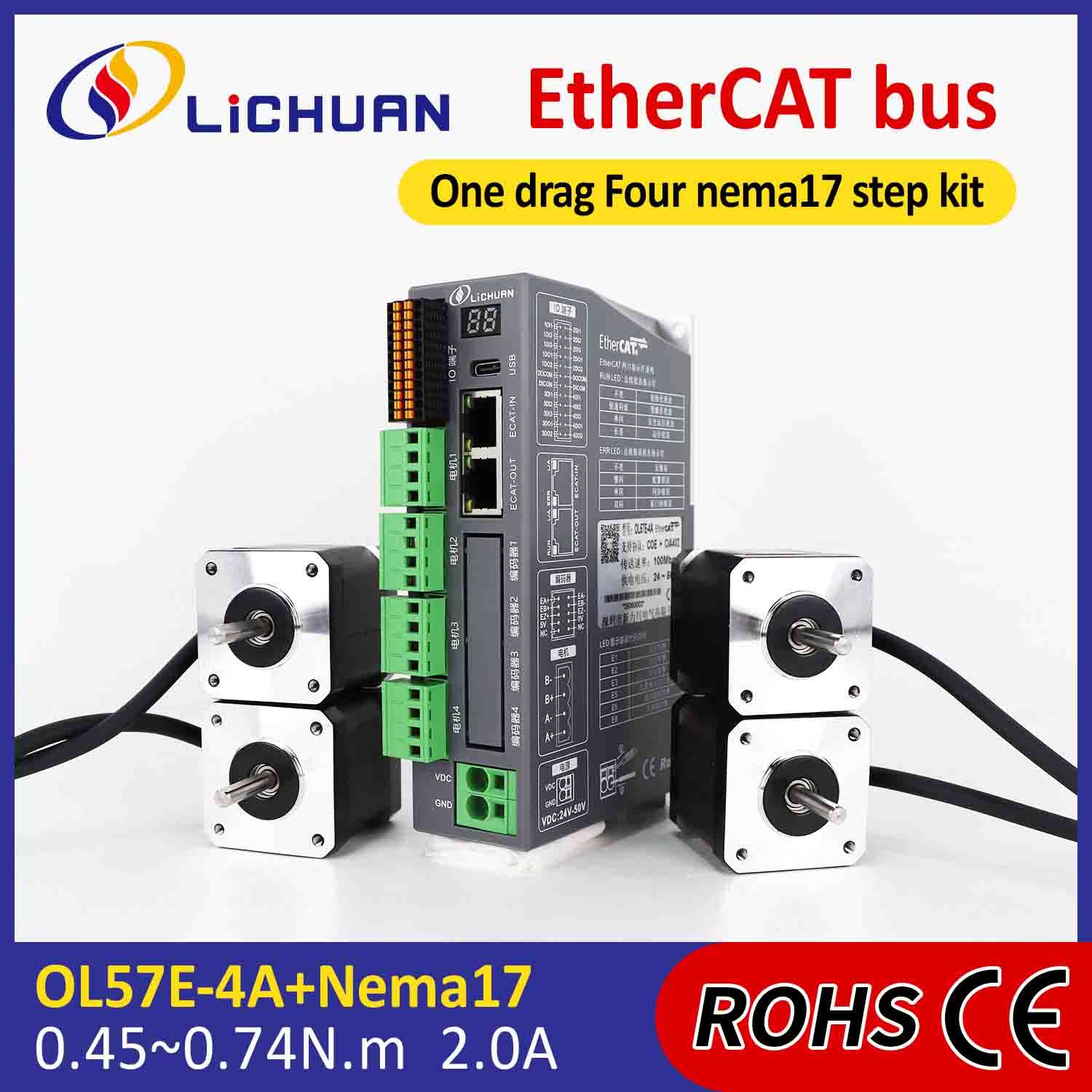 Lichuan 4A DC Open Loop Stepper Motor Drivers Kit EtherCAT 0.45N.m 2 Phase Nema17 DC24V～50V 2.0A