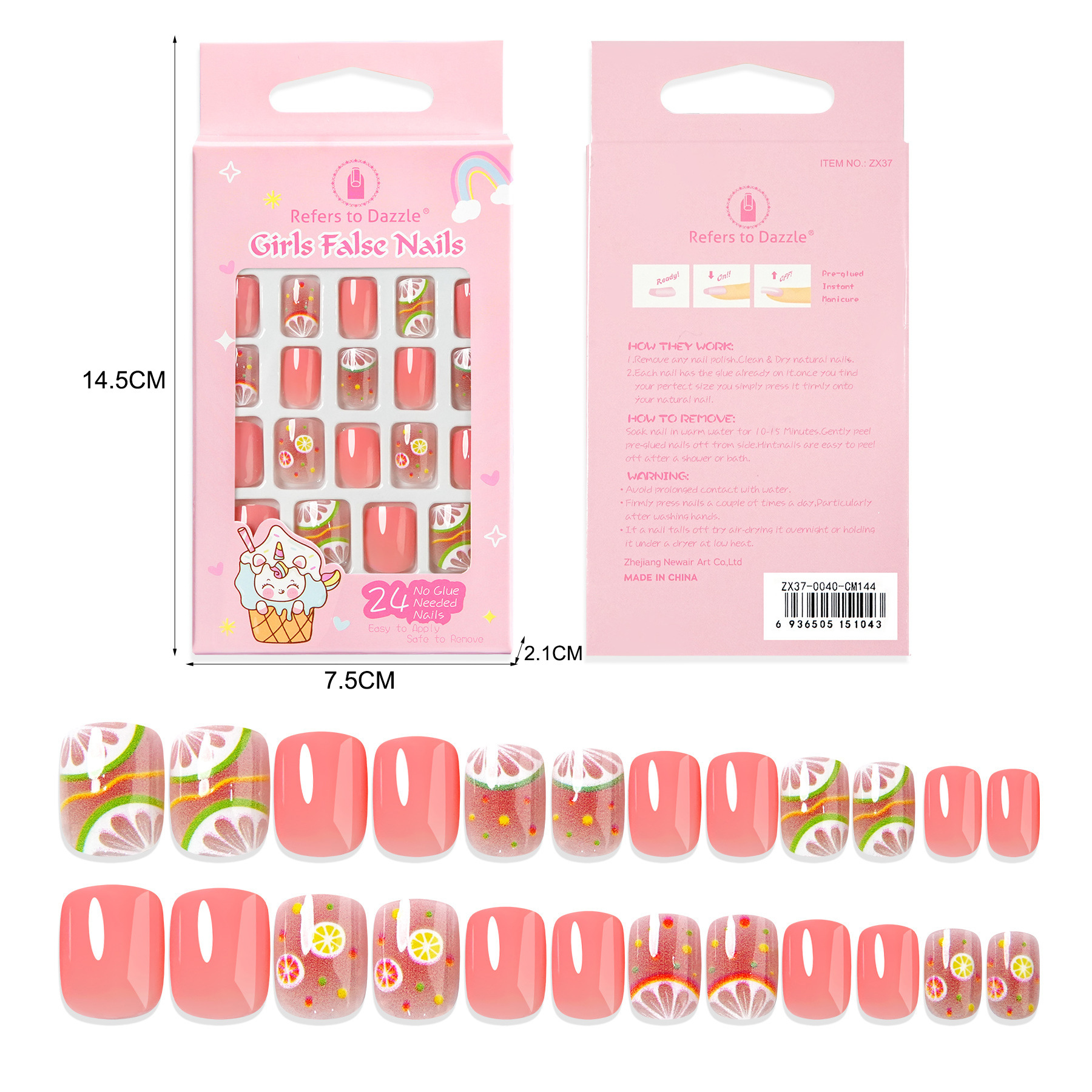 24pcs Cute Cartoon Self Adhesive False Nails Kids Press On Nails ABS Short
