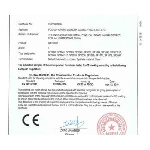 Foshan Nanhai Sannora Sanitary Ware Co., Ltd. Сертификации