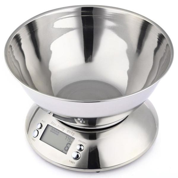 Échelle électronique en acier inoxydable pour cuisine Échelle de bol 1g Fonction de température Peel Fruit/Pâte Caractéristiques de pesage Alimenté par batterie