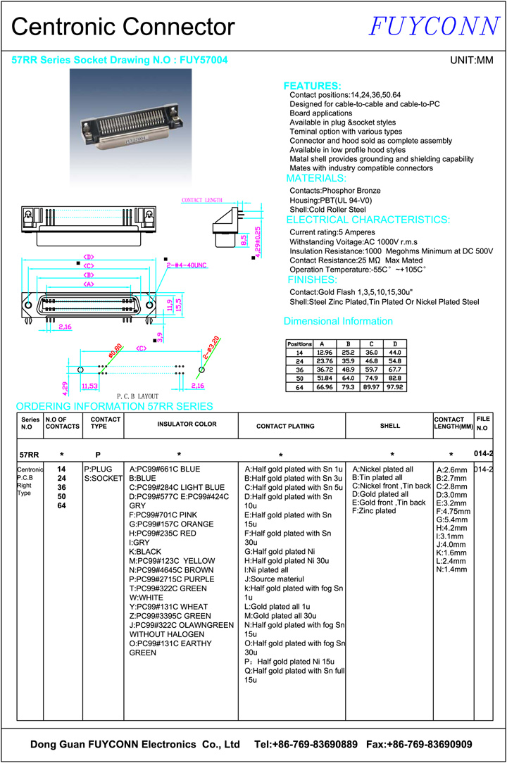 Разъём-розетка 50 Pin PCB Centronic прямоугольное с замком доски