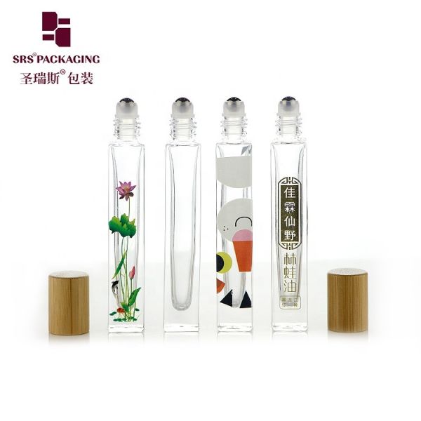 10ml High End Empty Square Glass Roll On Bottle with Bamboo Wooden Cap and 3D Printing Logo Service for Perfume Oil Serum