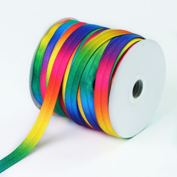 Eco-friendly Custom Printed Foldover Silk Stretch Elastic Rainbow Ribbon Elastic and Vibrant