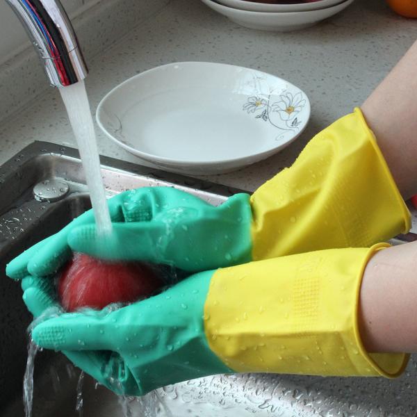 Reusable Bi - Color Kitchen Rubber Gloves Eco Friendly For Household Cleaning