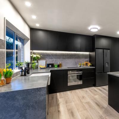 Simple L Shaped Kitchen Units Luxury Modular Dark Black Solid Wood Kitchen Cupboard Set