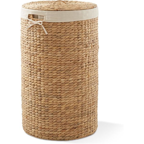Round Laundry Hamper With Lid And Removable Liner Bag - Natural, Woven Water Hyacinth Wicker Laundry Basket For Clothes And Towels