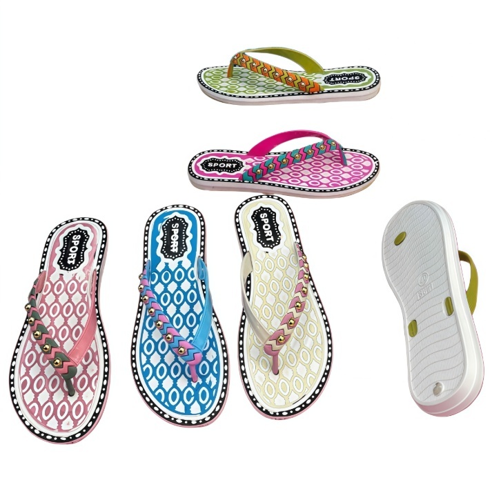 EVA Women Flip Flops with Colorful Rivet Strap and Geometric Print Insole