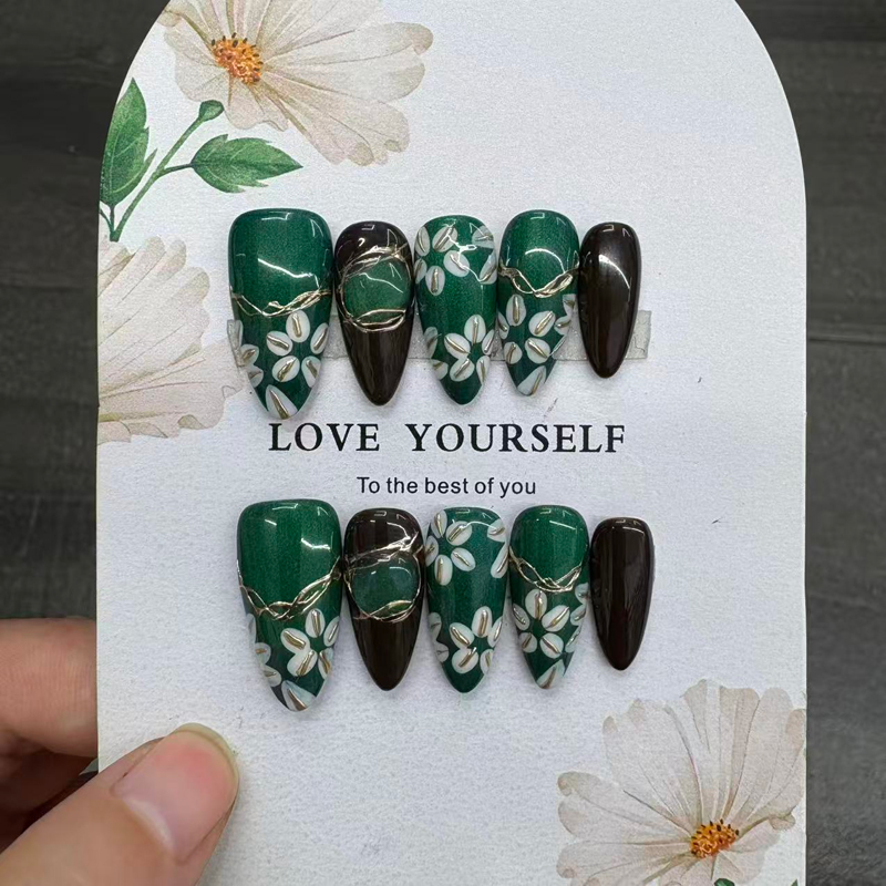 Reusable Flower Design Handmade Press On Nails Almond Shape
