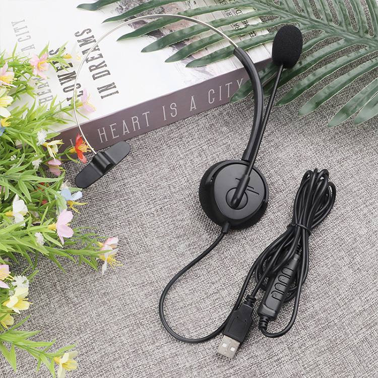 USB head mounted wired single ear headphones with high-definition call microphone, online control of mute volume, used for PC laptops, office customer service in the call center, supporting OEM/ODM