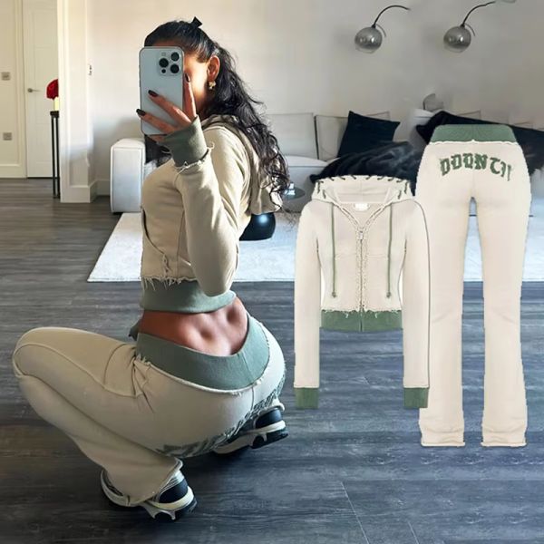 Custom Embroidery Distressed Crop Top Hoodie Joggers Set Womens Two Piece Set