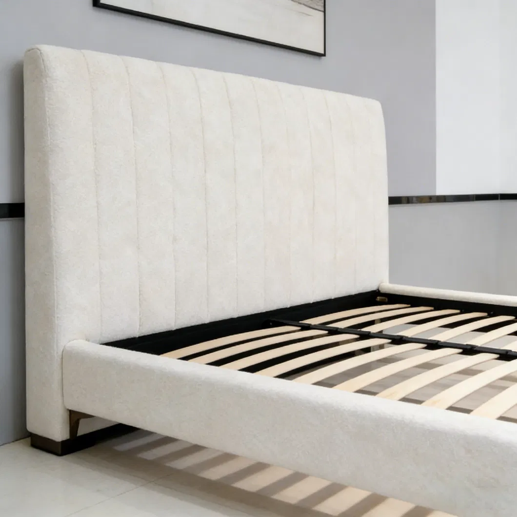 Queen Size Cream White Velvet Upholstered Platform Bed Model