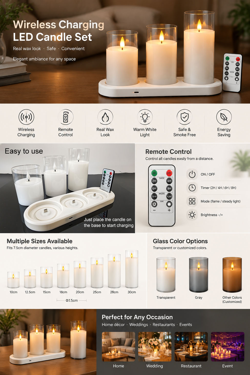 Custom Wholesale Flameless Flicker Movable Wicks Wireless USB Rechargeable Led Candles Night