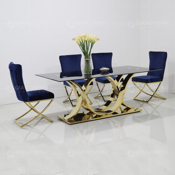 0.6m3 Modern 8 Seater Dining Table 78inch Stainless Steel Glass Dining Table