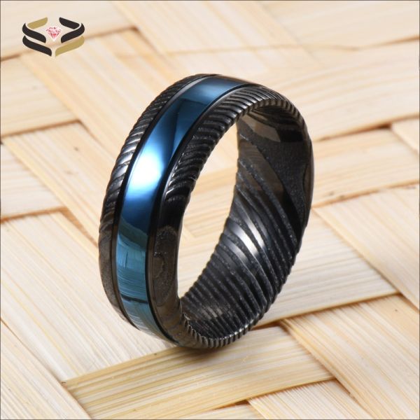 Third Party Appraisal Men Fashion Jewelry 8mm Black Blue Damascus Steel Ring Double Black Grooved Wedding Band with Logo