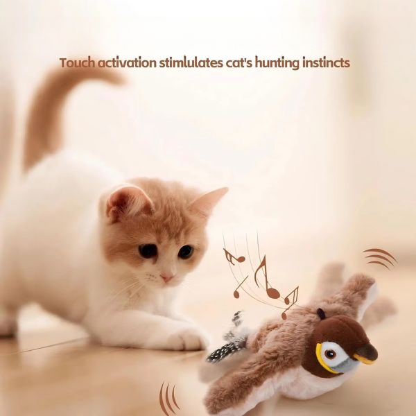 Interactive Smart Electric Rechargeable Plush Flapping Bird Toy for Dogs and Cats Touch Activated Sparrow Chirp Tweet Pet