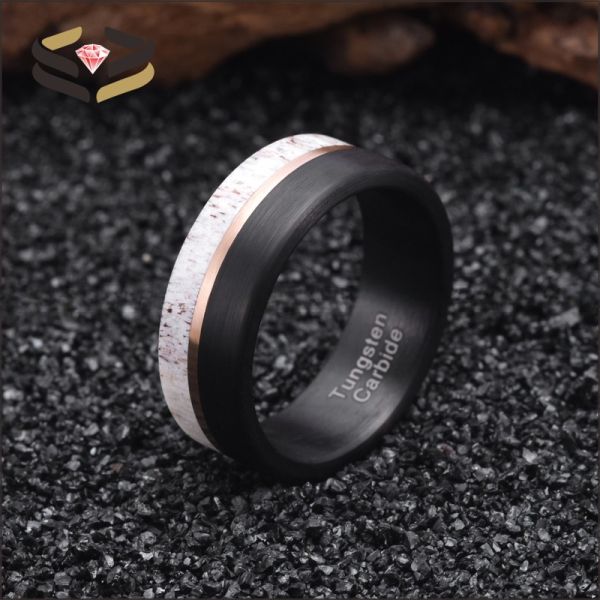 8mm Black Tungsten Ring with Deer Antler and Rose Gold Strip Inlay The Ultimate Wedding Essential
