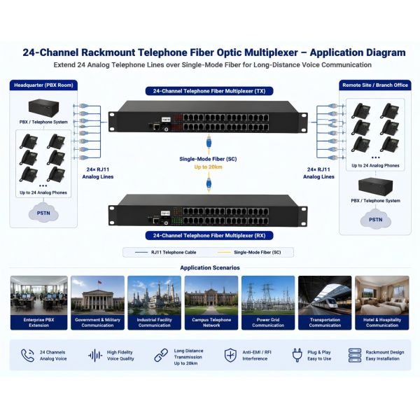 24 Channel Rack Mount Telephone Fiber Optic Multiplexer FXS / FXO For PBX