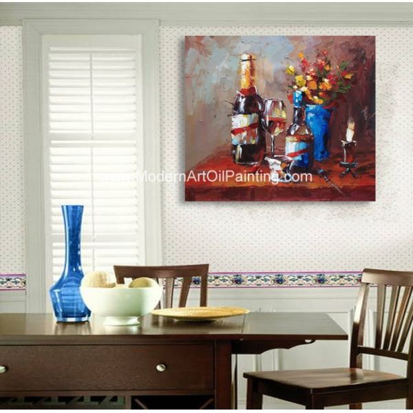 Thick Oil Palette Knife Oil Painting , Still Life Art Painting Abstract Wine Bottle