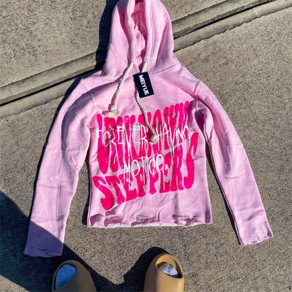 Custom Men Hoodies Puff Print Cut Edge Cropped Hoodie Men Drawstring Distressed