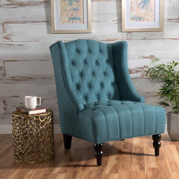 Tall Wingback Fabric Accent Chair Perfect For Living Room Dark Teal Solid Back
