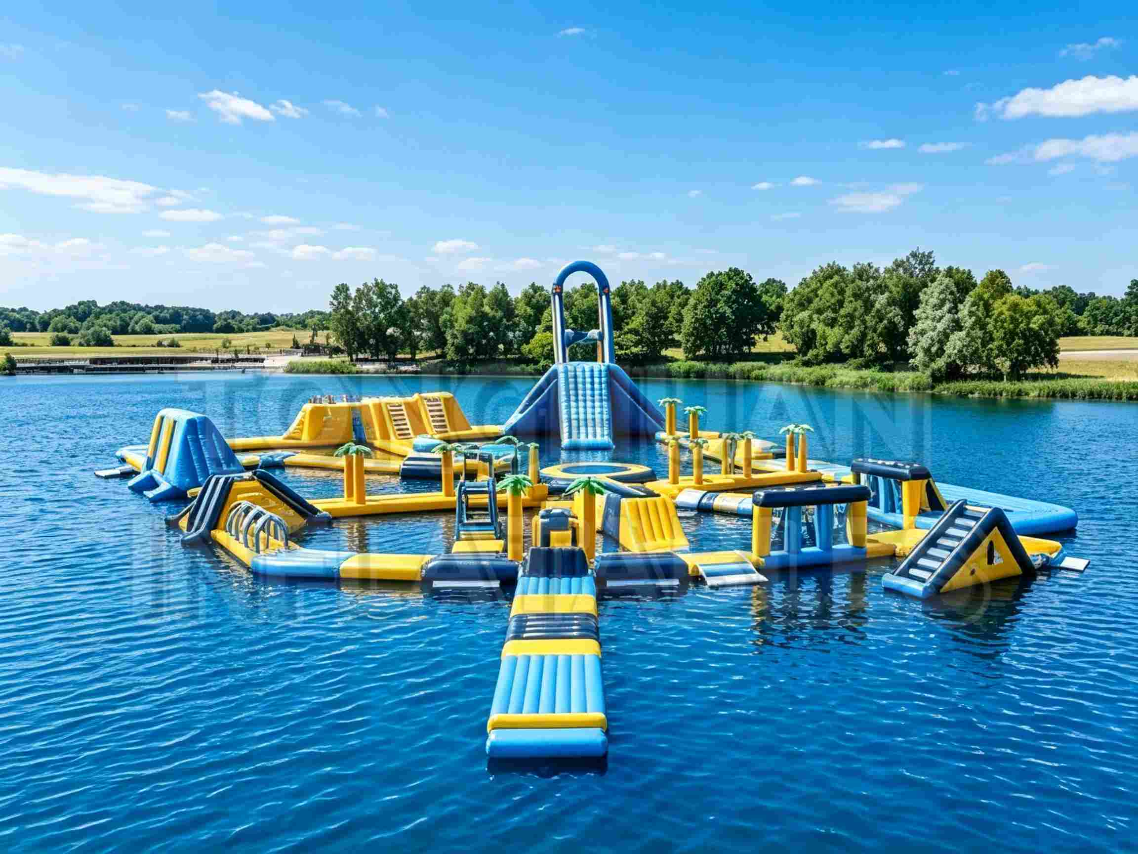 Custom Modular Inflatable Water Park with Slides Climbing Walls Balance Bridges and Activity Platforms for Lakes Resorts Camps and Commercial Recreation
