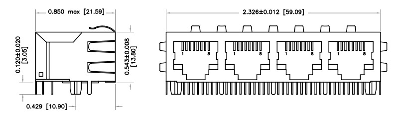HFJ14-1G01ERL 1x4 RJ45 Connector With 1000 Base-T Magnetic Modules