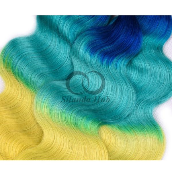 Blue/Light Blue/Yellow Body Wave Remy Human Hair Bundles Sew In Weave Bundles Brazilian Bundle Deals