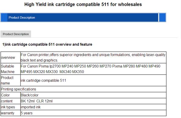 For Canon 310 Compatible Remanufactured ink cartridge For Canon 510 Canon 511 ink cartridge Canon 510 Canon 511