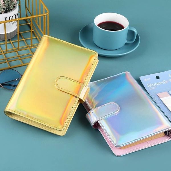 A6 Holographic 6 Ring Cash Envelope Savings Organizer Planner Cover Rainbow Pu Leather A5 Budget Saving Binder