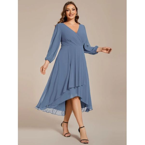 Plus Size Ruffled A-line Long Sleeve V-neck High Low Wedding Guest Dark Purple Chiffon Bridesmaid Dress 