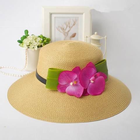 Middle Ribbon Women's Hats With UV Protection , Pink Flowers Straw Summer Hats For Women