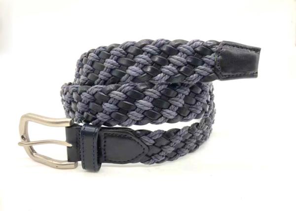Woven Cotton & Leather Stretch Mens Belt, Black/Blue, 35MM Wide