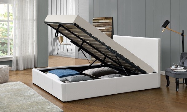 Easy Assemble Gas Lift Storage Bed White PU Leather Upholstered Plywood Bed Frame