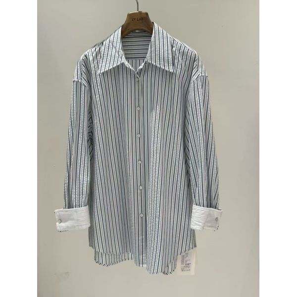Spring and summer hot casual fashion 100% pure cotton navy blue and white architectural style pleated striped shirt