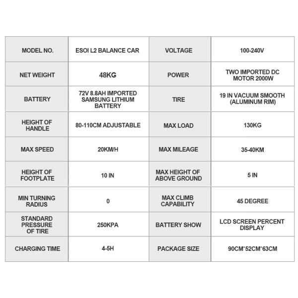 72V Two Wheel Segway Electric Scooter Self Balancing Chariot EcoRider ESOI-L2