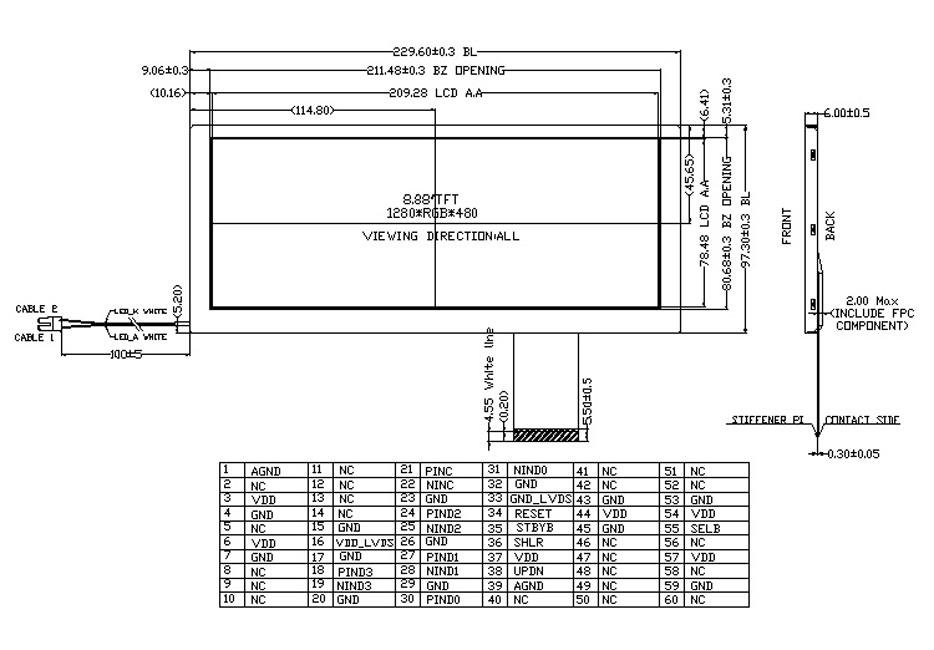 8.8 дюймовый штрих типа TFT, LVDS интерфейс 1280X480 60 штифтов 400cd/M2